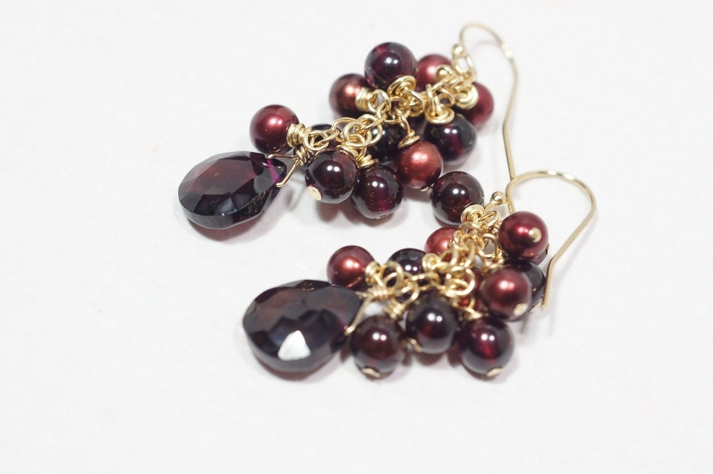 Garnet & Red Pearl Chandelier Earrings, 14K Gold Filled