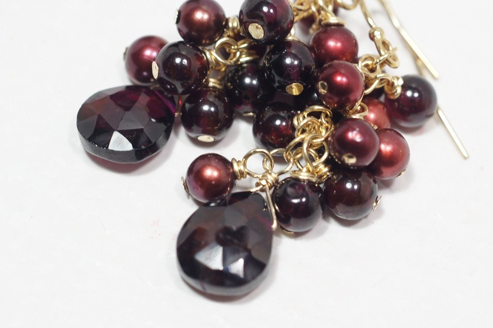 Garnet & Red Pearl Chandelier Earrings, 14K Gold Filled