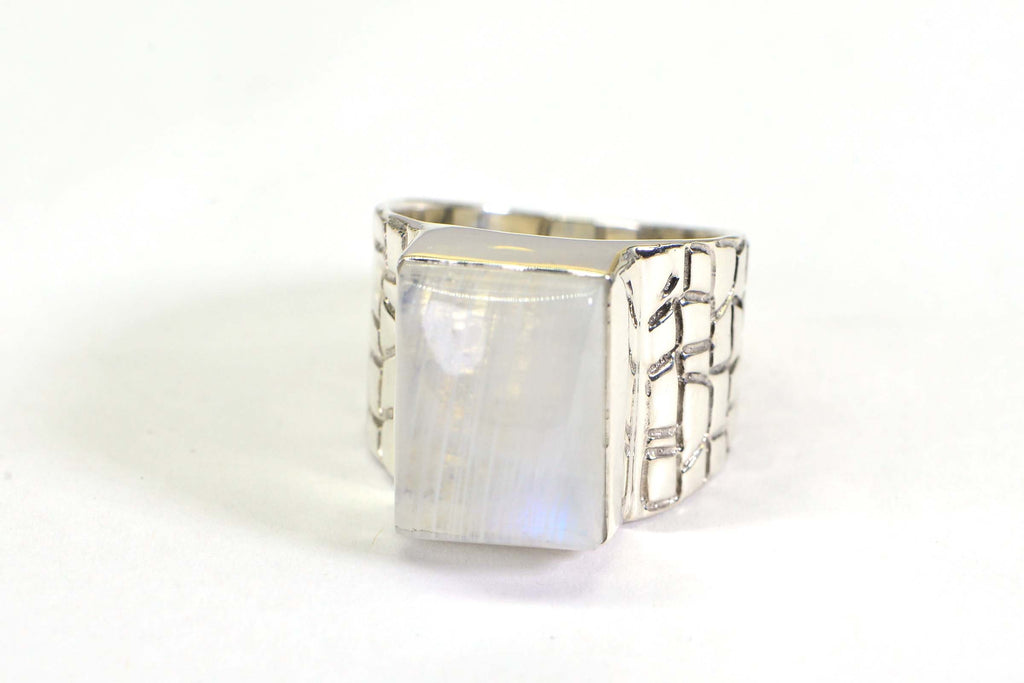 Sterling Silver Rectangle Moonstone Ring - Statement Ring for Men