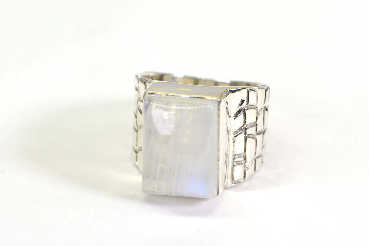 Sterling Silver Rectangle Moonstone Ring - Statement Ring for Men