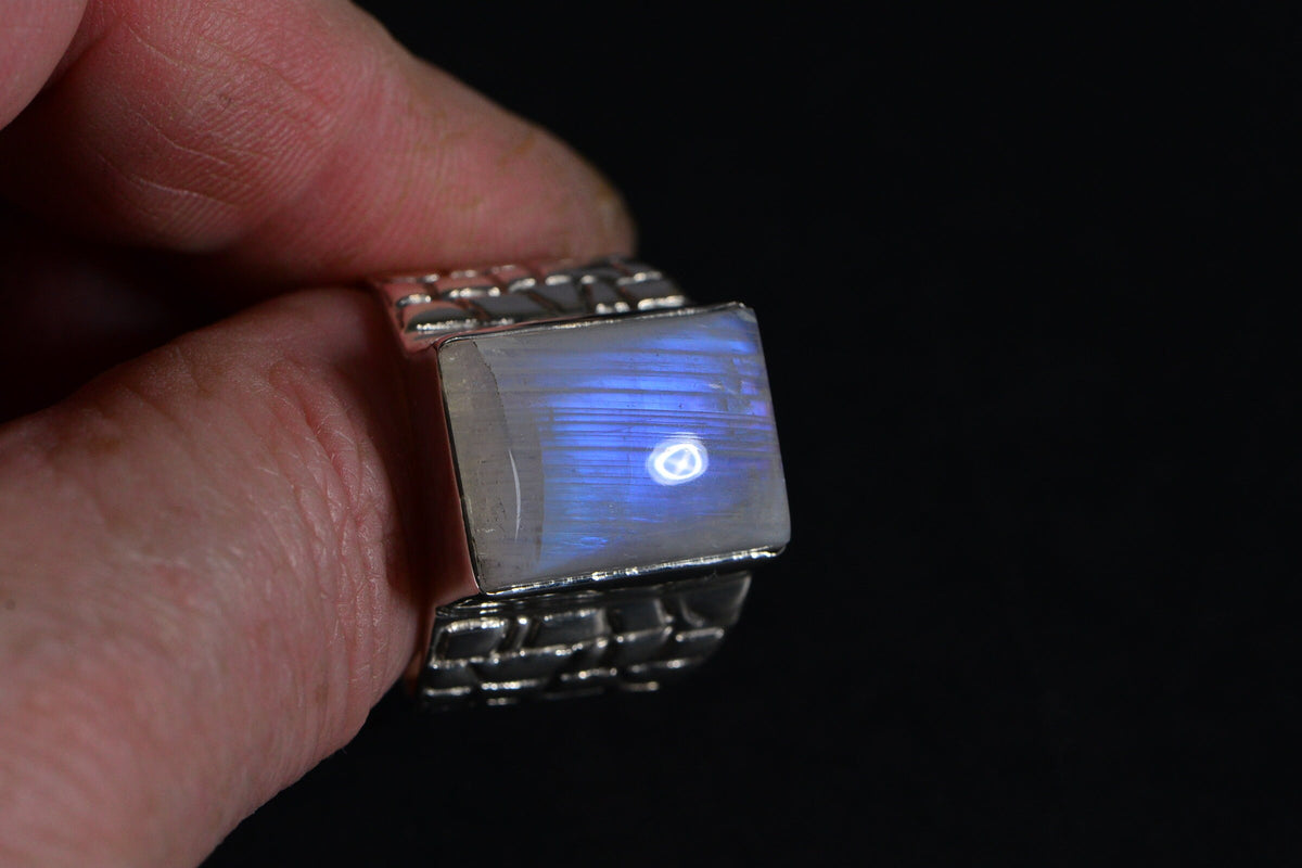 Sterling Silver Rectangle Moonstone Ring - Statement Ring for Men