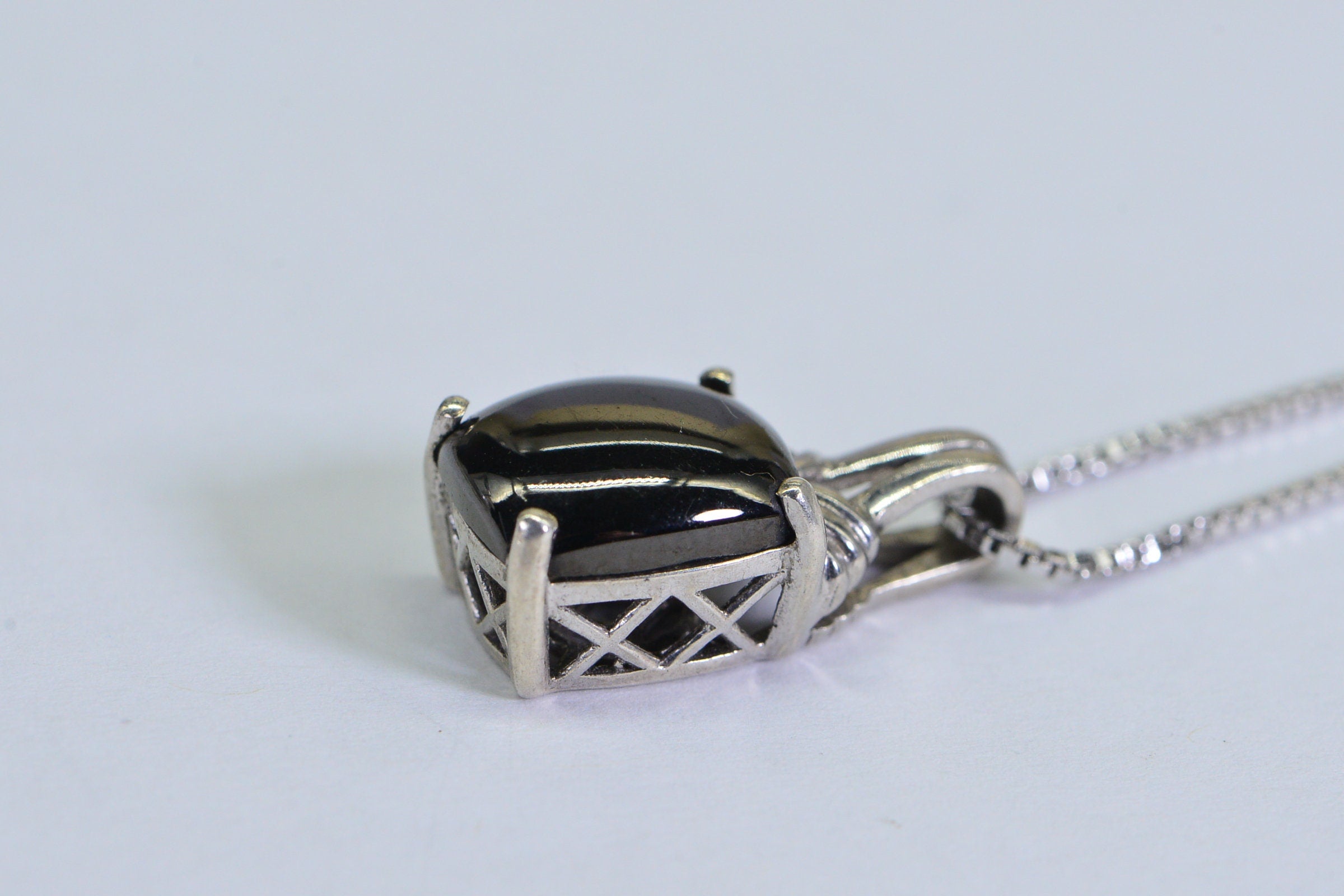 Black Onyx Sterling Silver Pendant: Emerald Cut Filigree Charm