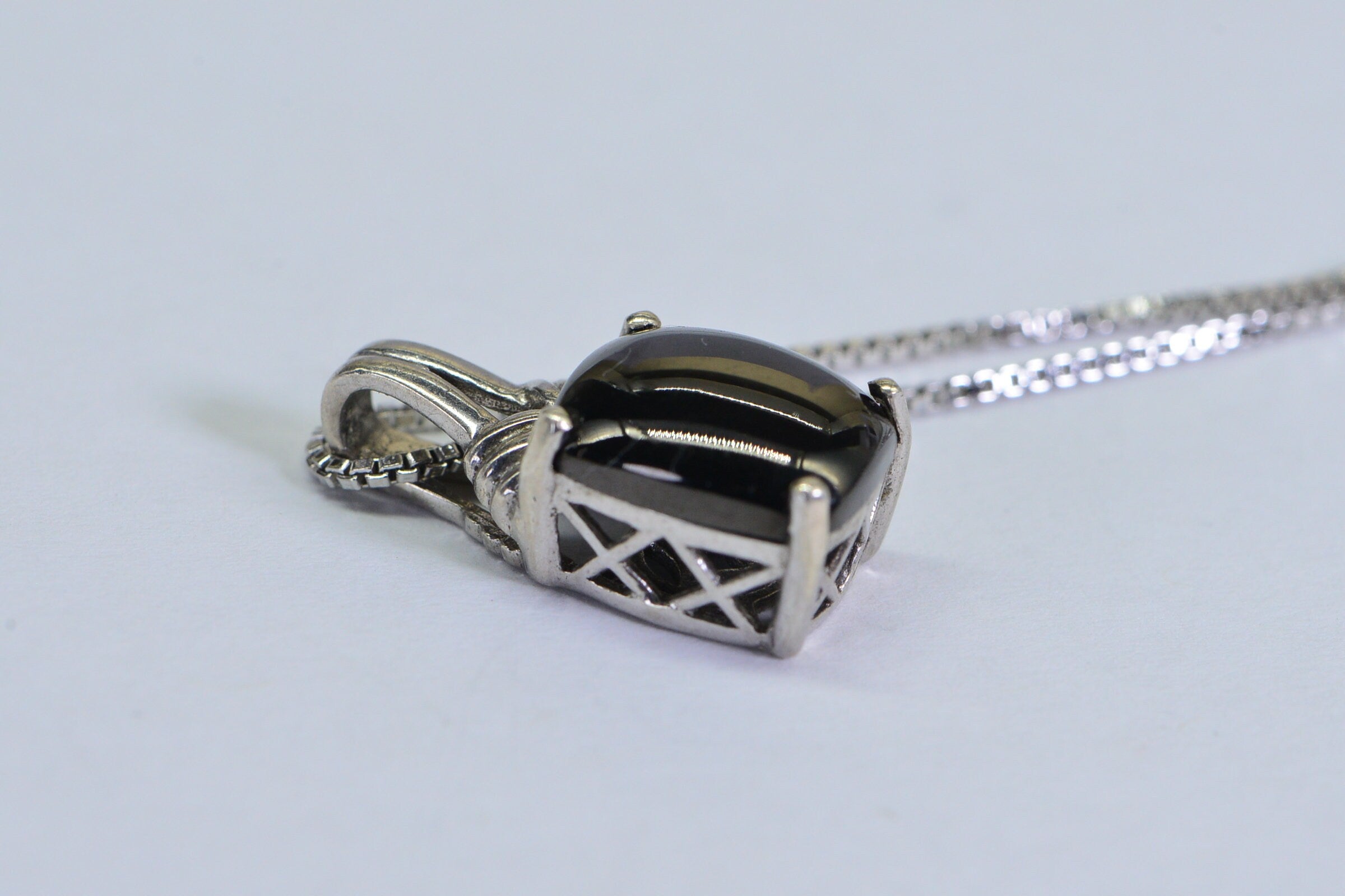 Black Onyx Sterling Silver Pendant: Emerald Cut Filigree Charm