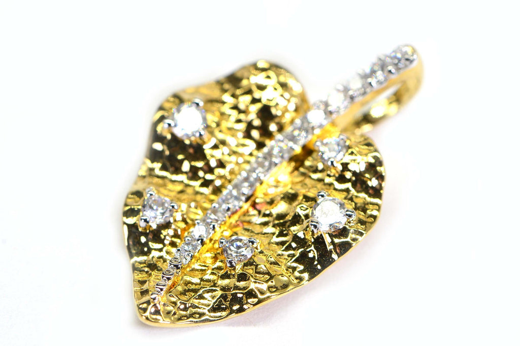 14K Gold Vermeil Diamond Leaf Pendant: Cubic Zirconia Vintage Pendant