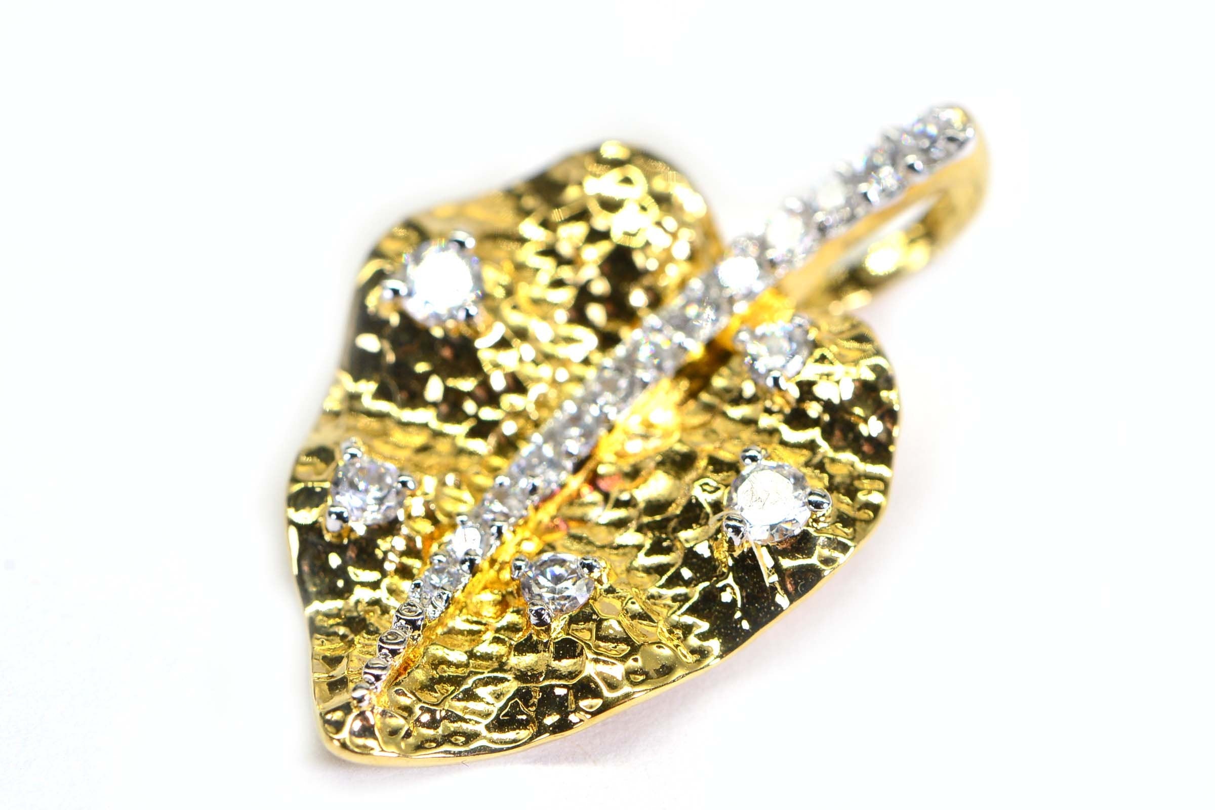 14K Gold Vermeil Diamond Leaf Pendant: Cubic Zirconia Vintage Pendant