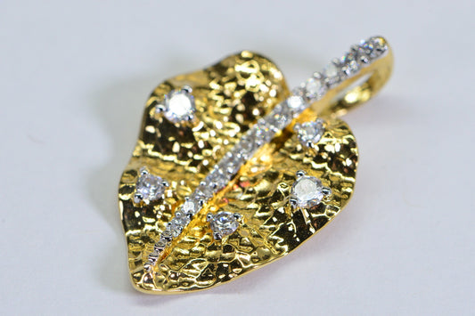 14K Gold Vermeil Diamond Leaf Pendant: Cubic Zirconia Vintage Pendant