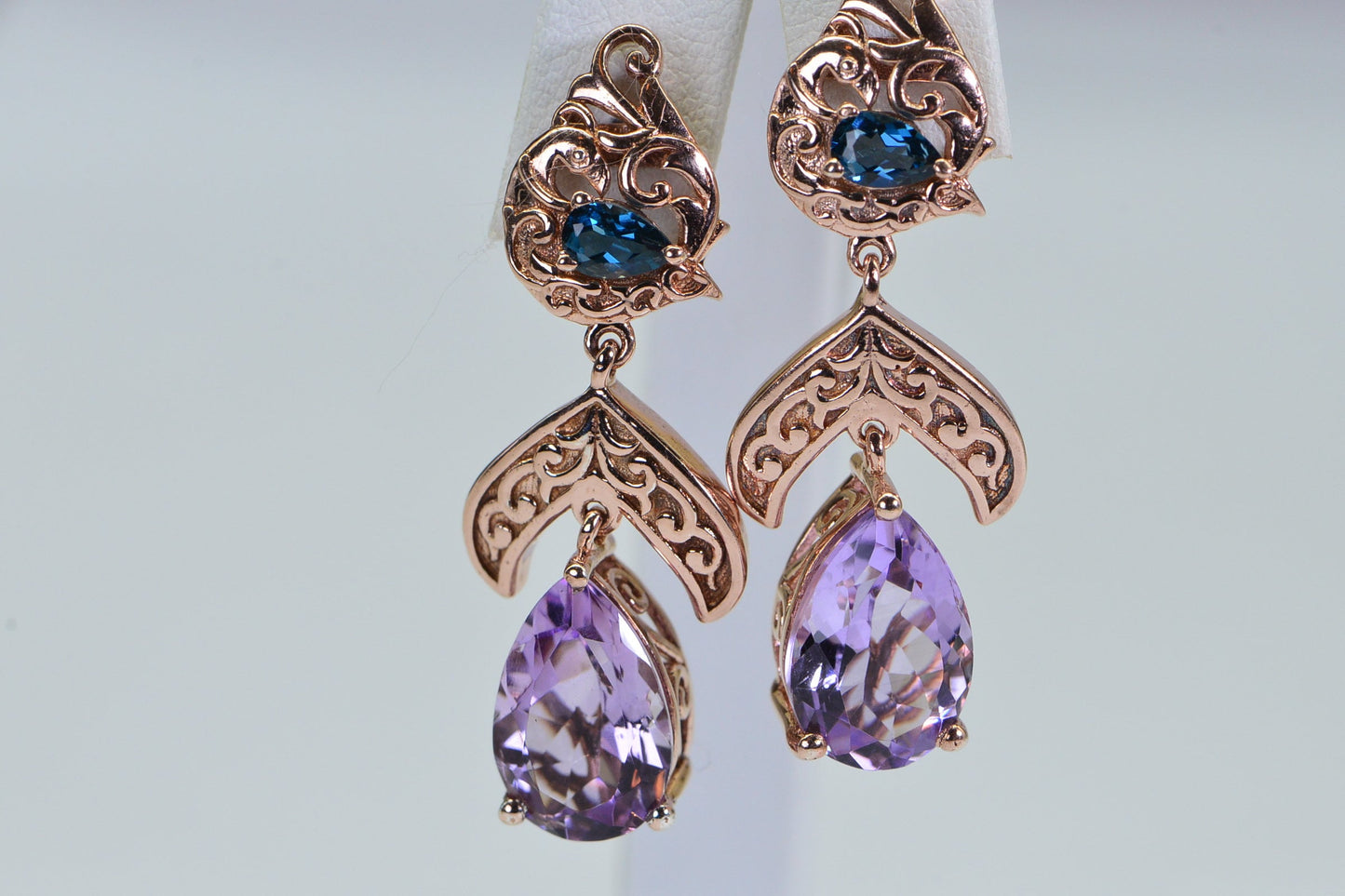Rose de France Amethyst Chandelier Earrings, London Blue Topaz, Rose Gold over Sterling Silver