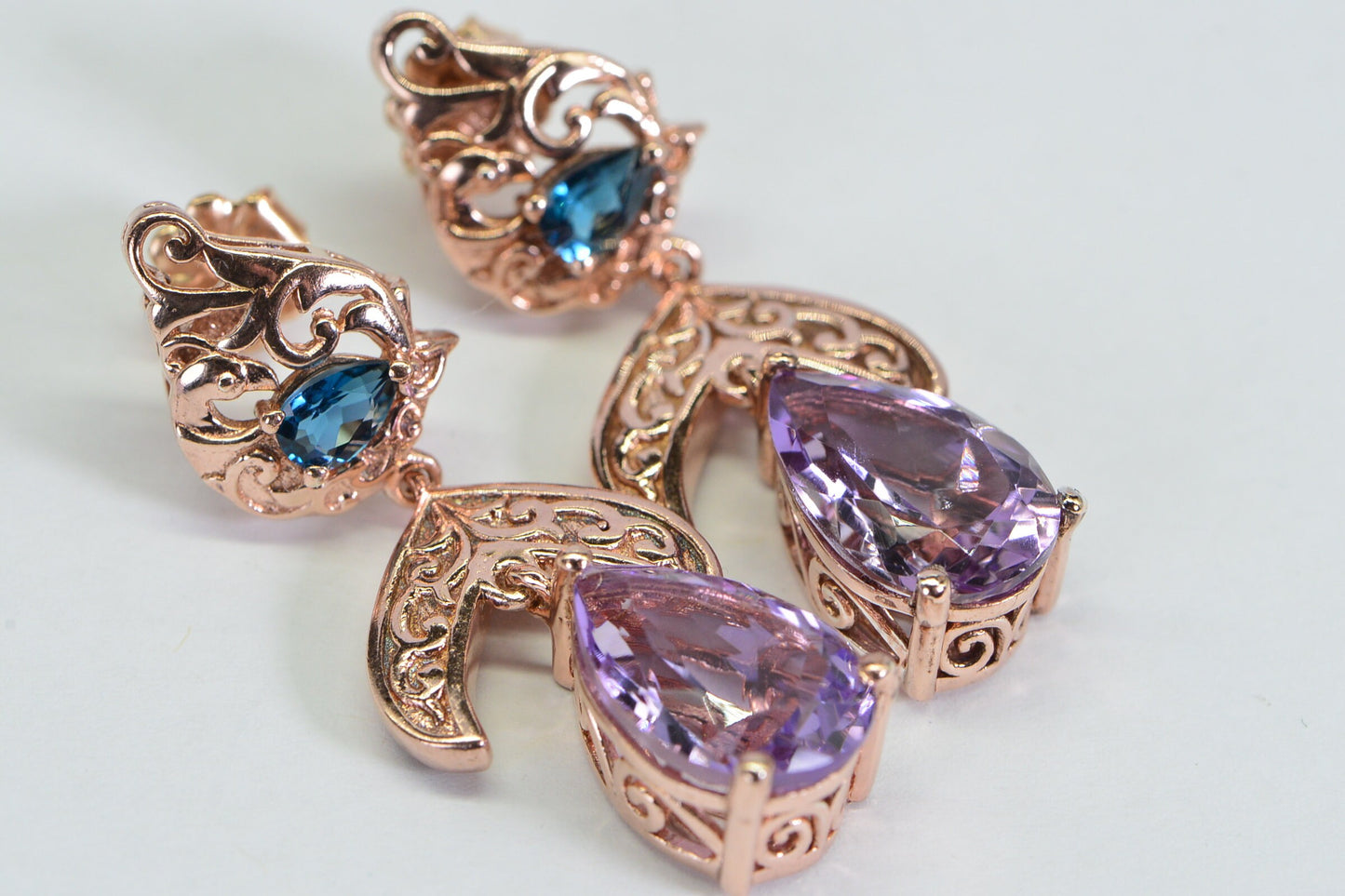 Rose de France Amethyst Chandelier Earrings, London Blue Topaz, Rose Gold over Sterling Silver