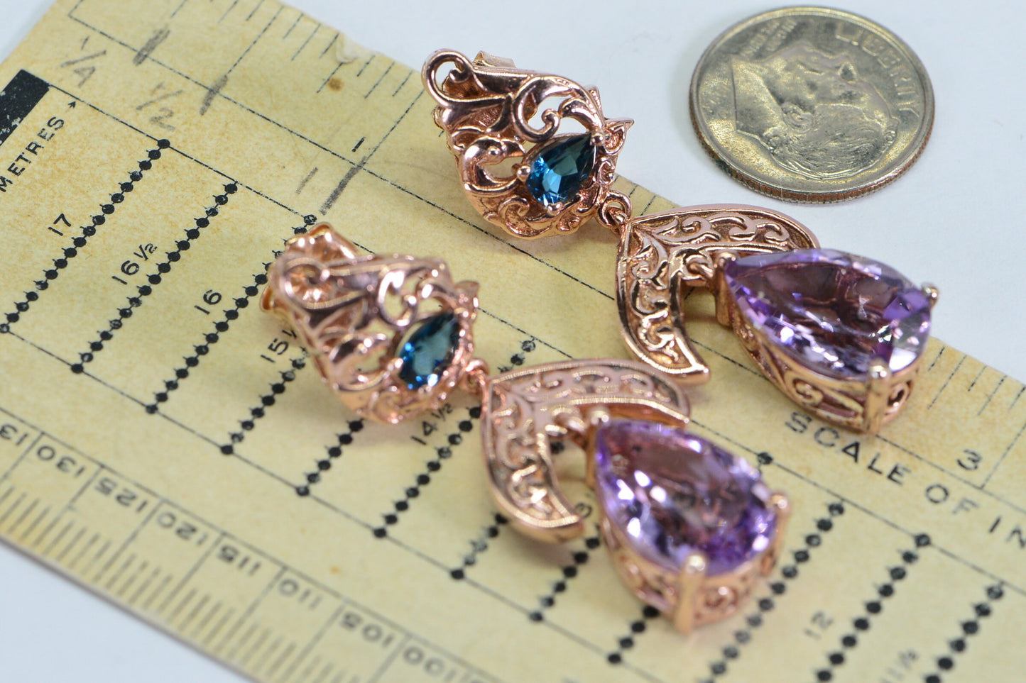 Rose de France Amethyst Chandelier Earrings, London Blue Topaz, Rose Gold over Sterling Silver