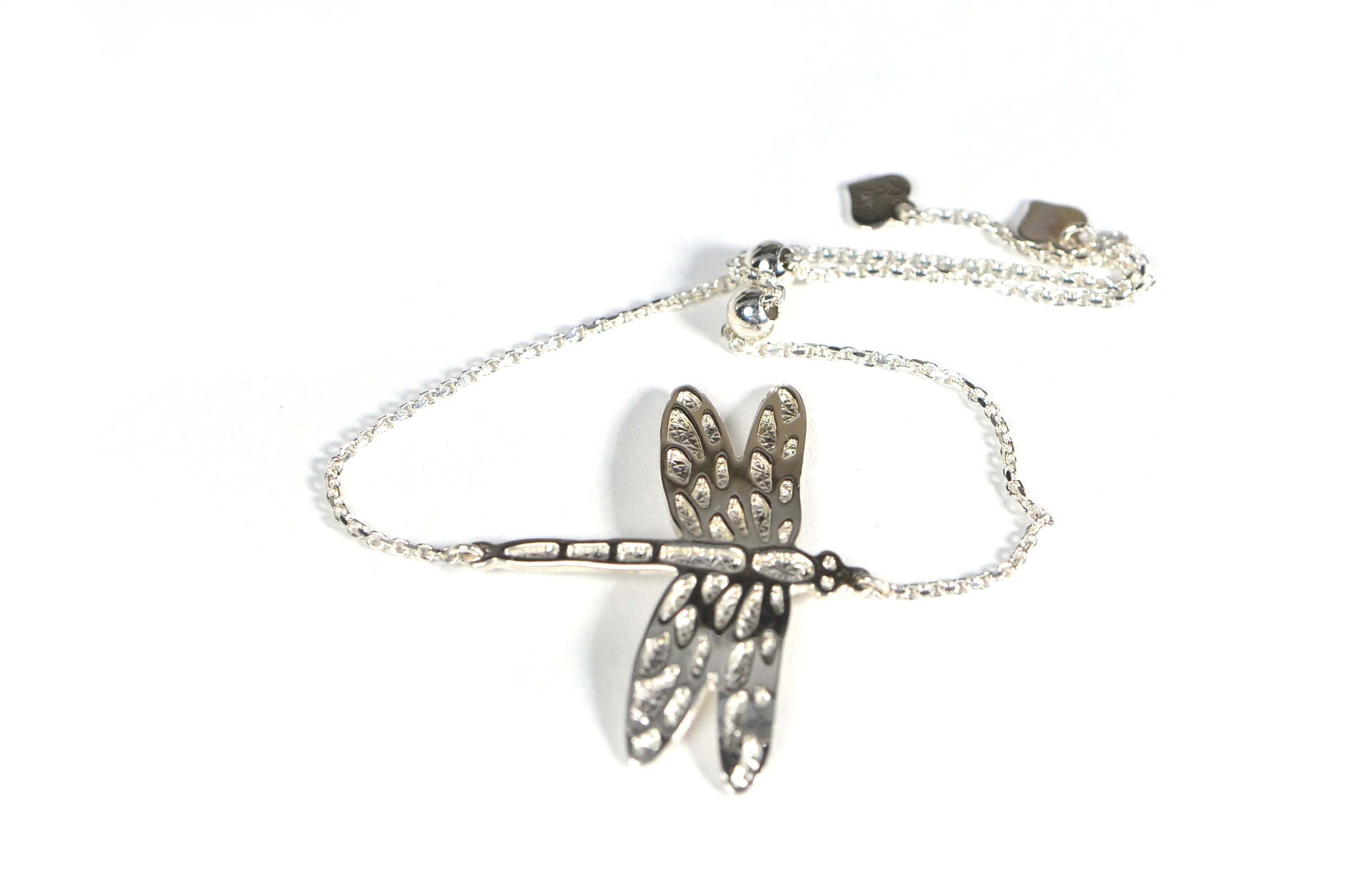 Sterling Silver Dragonfly Bracelet: Adjustable Bolo Style, Heart Detail