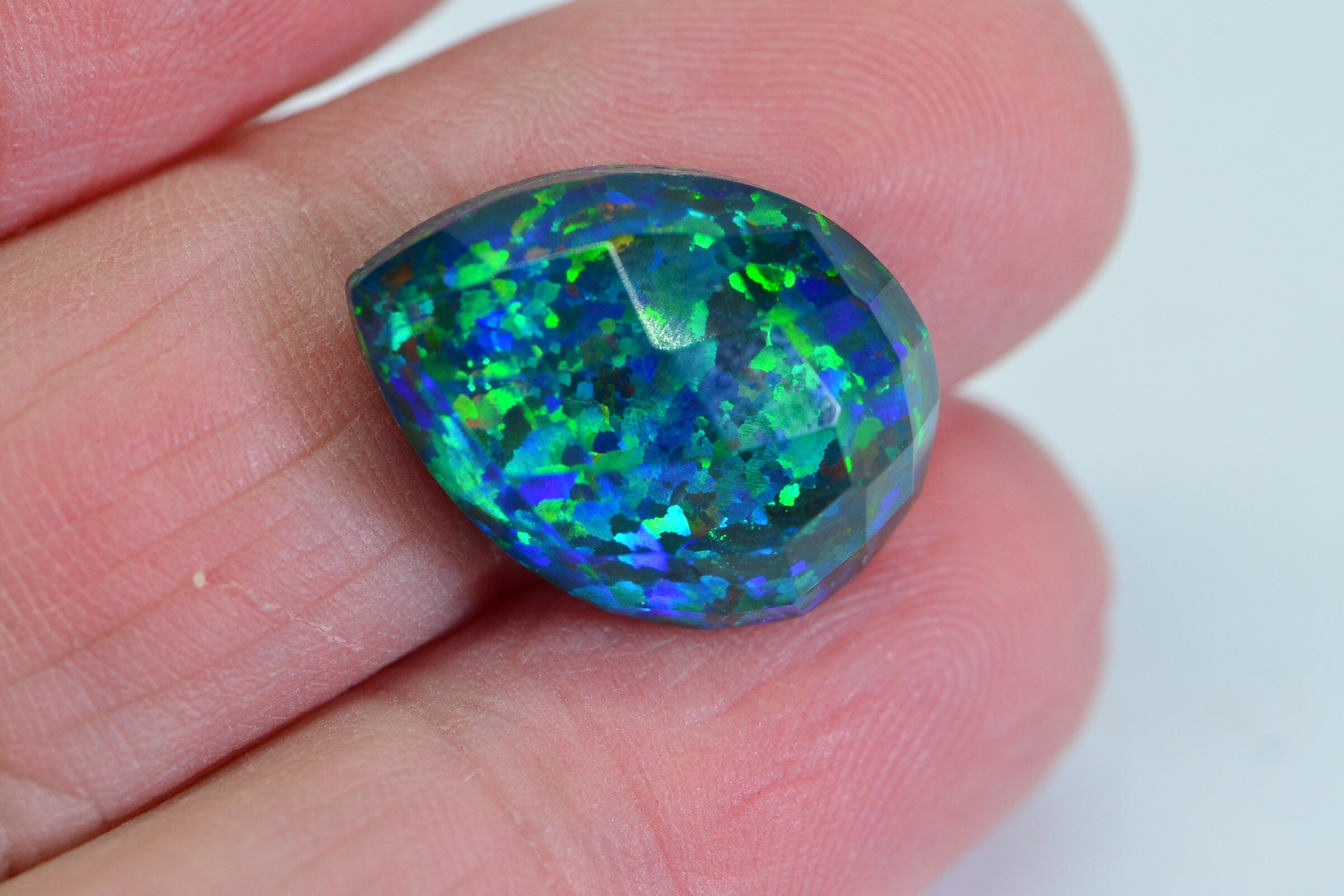 Blue Green Lab-Created Opal Cabochon: Pear Faceted Doublet, 11.35 Ct
