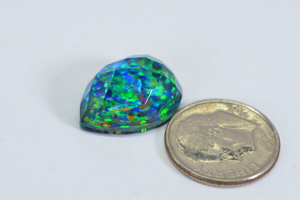 Blue Green Lab-Created Opal Cabochon: Pear Faceted Doublet, 11.35 Ct