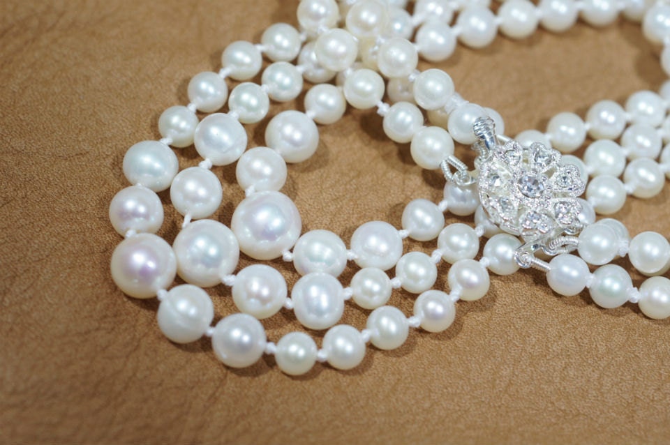 Knotted Freshwater Pearl Necklace, Multi Strand Bridal Jewelry