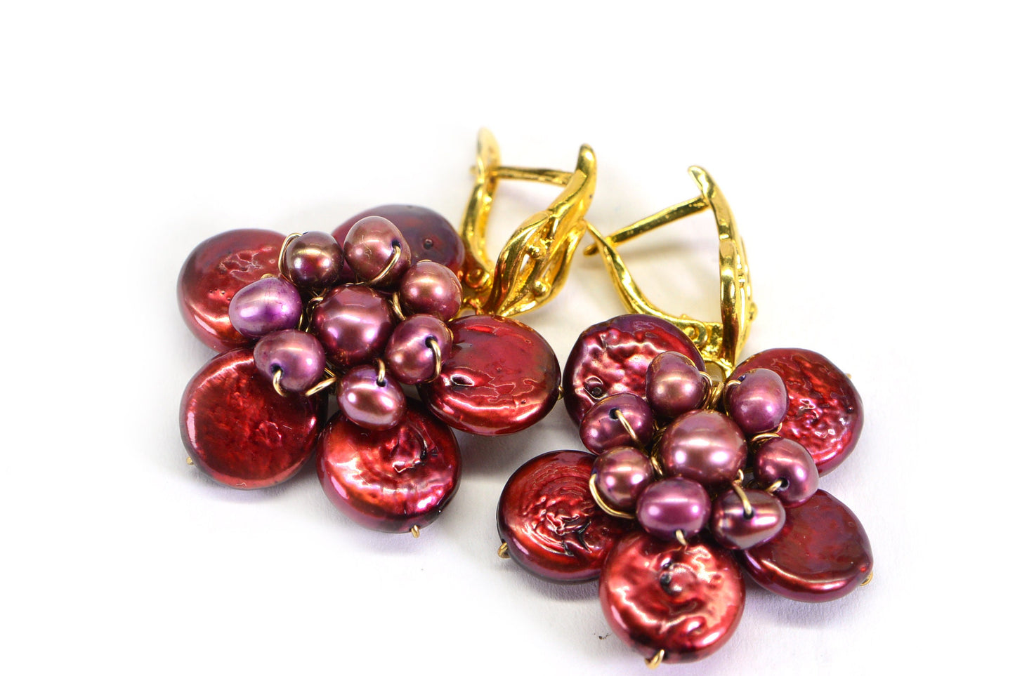 Burgundy Pearl Flower Earrings: Gold Wire Wrapped Gemstone