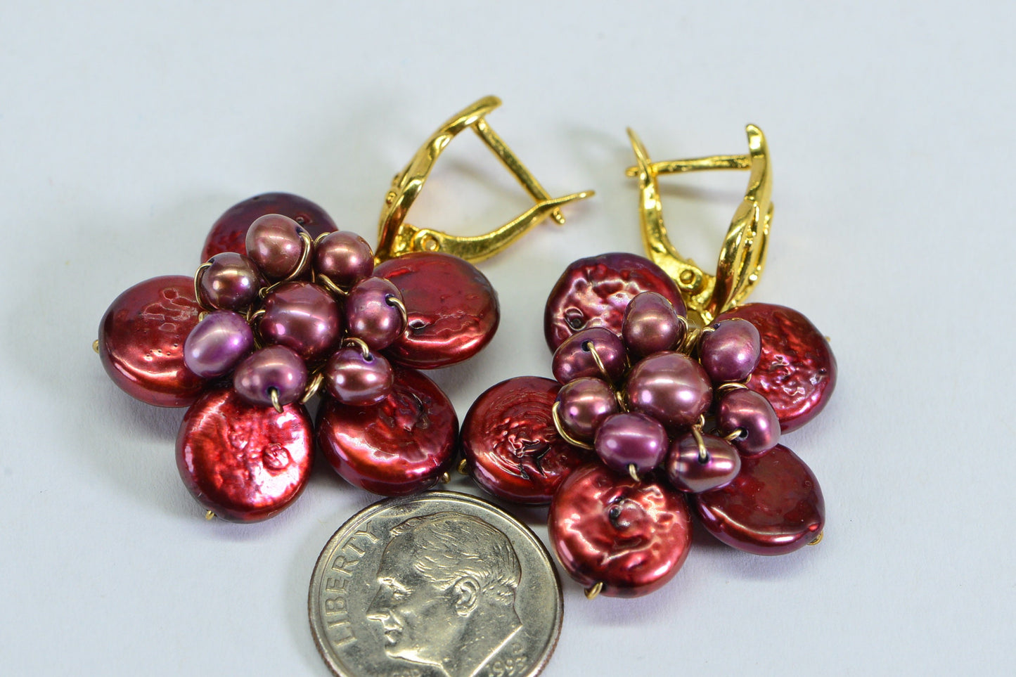 Burgundy Pearl Flower Earrings: Gold Wire Wrapped Gemstone