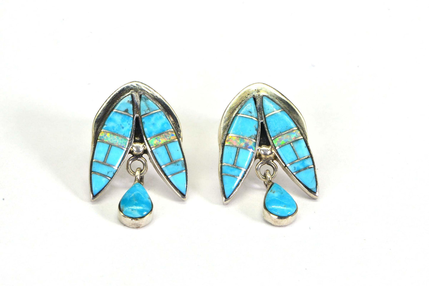 Vintage Teardrop Stud Earrings, Natural Turquoise Opal Inlay, Sterling Silver