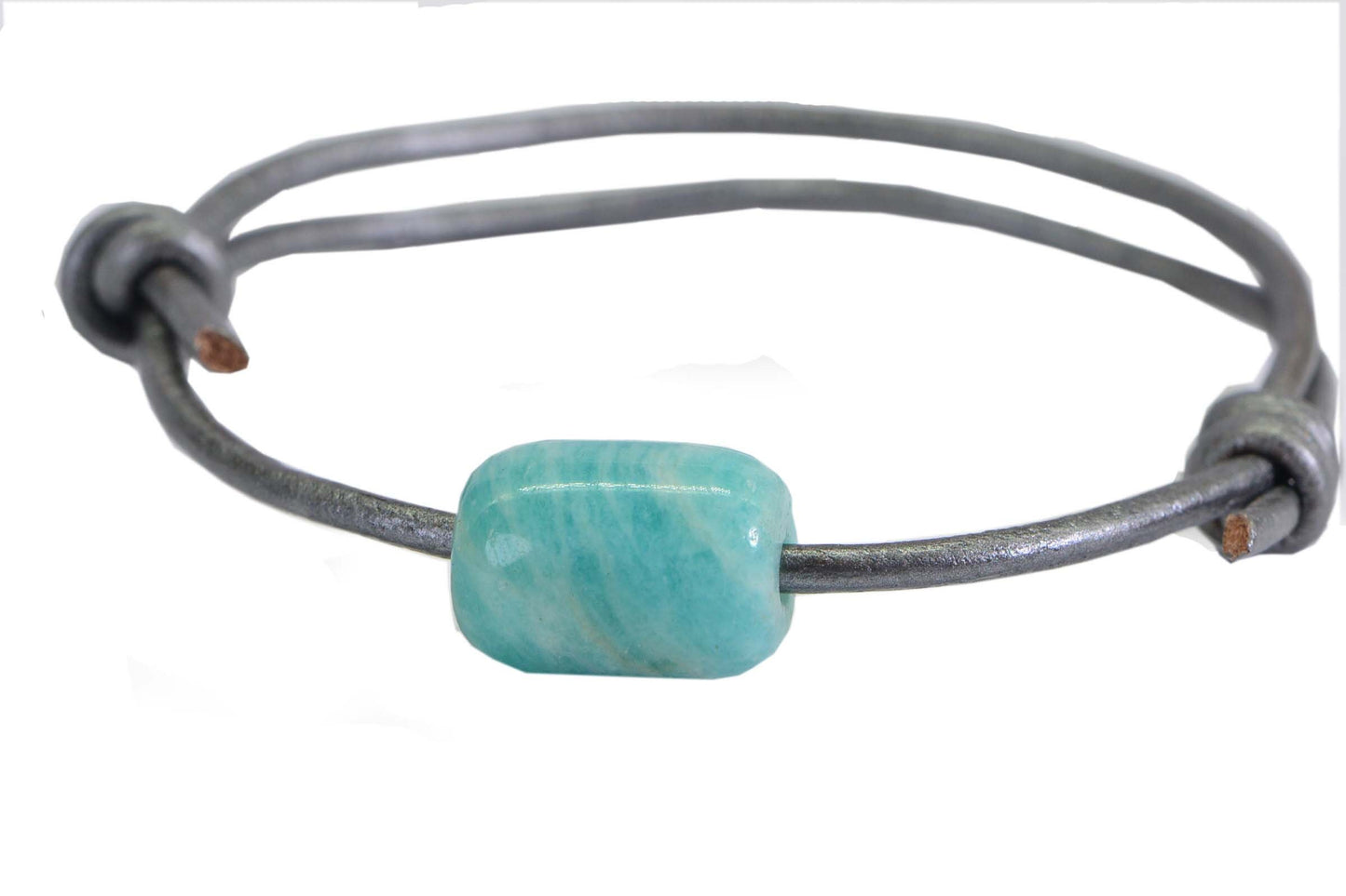 Peruvian Amazonite Barrel Stone on Gray Silver Leather Cord 2mm Adjustable Knot Slide Bracelet