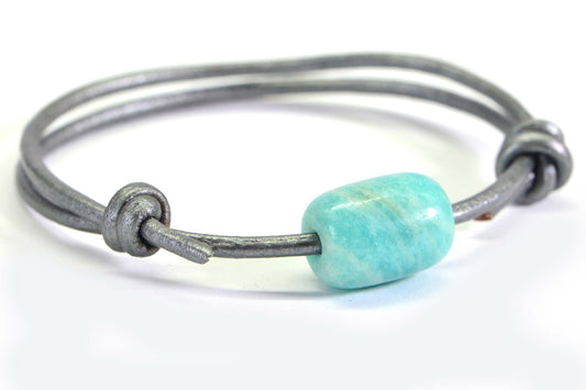 Peruvian Amazonite Barrel Stone on Gray Silver Leather Cord 2mm Adjustable Knot Slide Bracelet