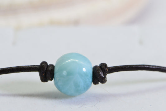 Larimar Bracelet: Brown Leather Adjustable Bohemian Gemstone