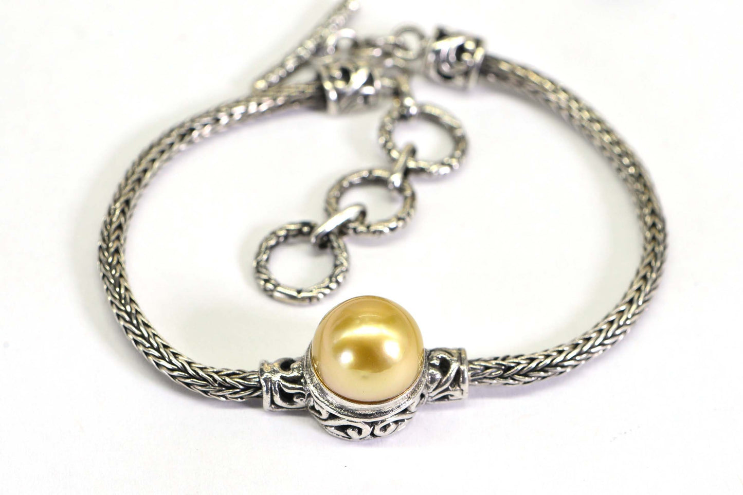 Golden South Sea Pearl Bracelet: Sterling Silver Toggle, Heavy Chain