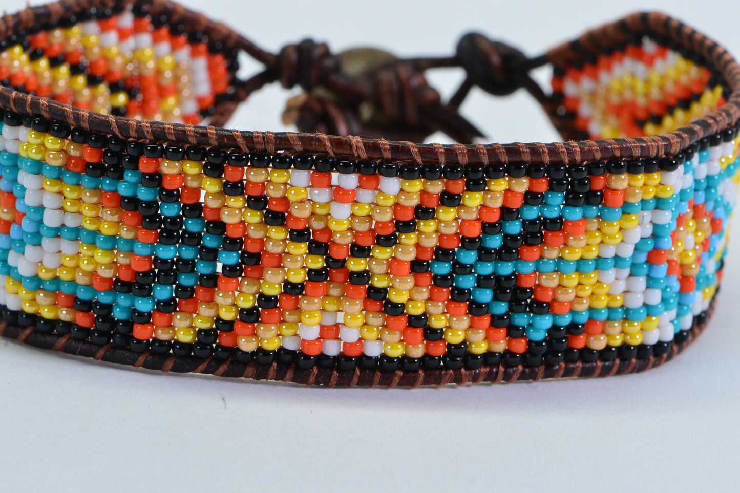 Aztec Seed Bead Leather Bracelet: Loom Woven Friendship Jewelry