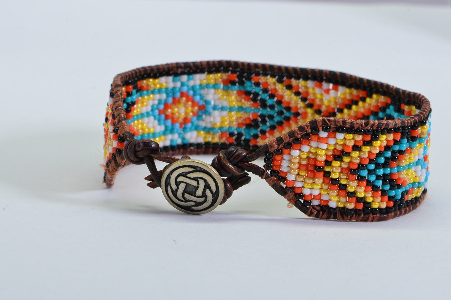 Aztec Seed Bead Leather Bracelet: Loom Woven Friendship Jewelry