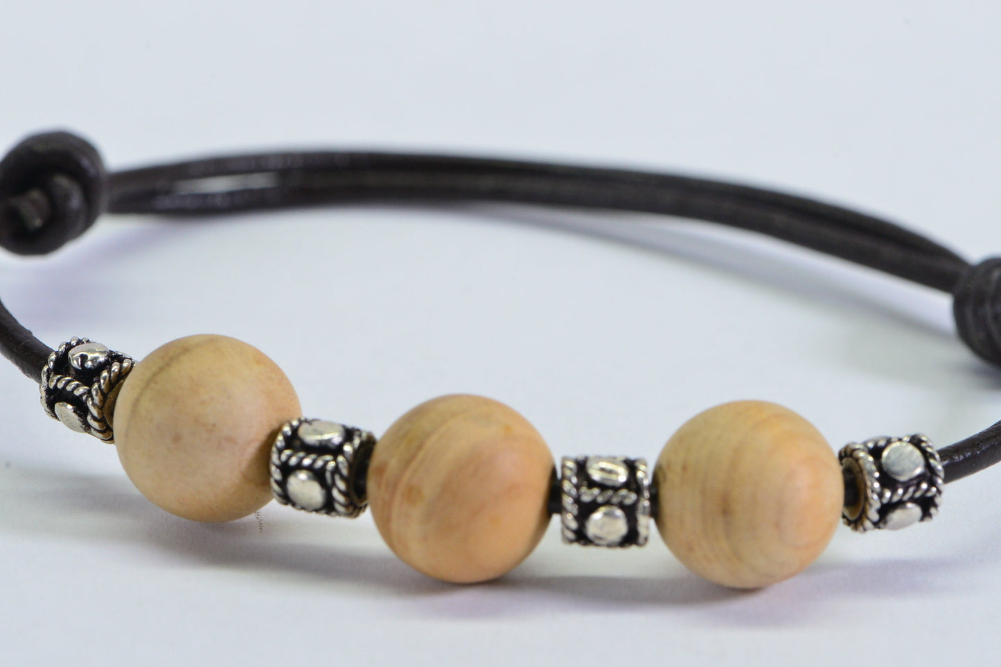 Sandalwood Beaded Leather Cord Bracelet: Adjustable Yoga Gift