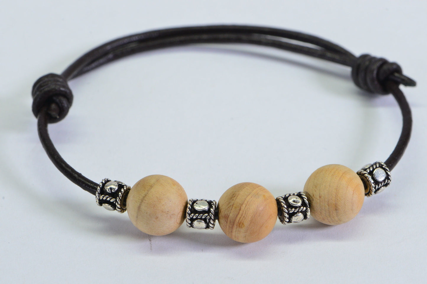 Sandalwood Beaded Leather Cord Bracelet: Adjustable Yoga Gift