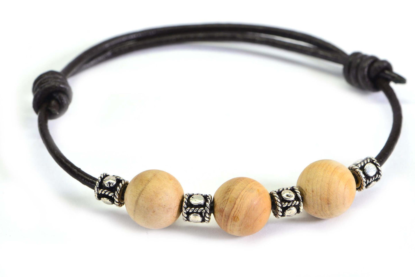 Sandalwood Beaded Leather Cord Bracelet: Adjustable Yoga Gift