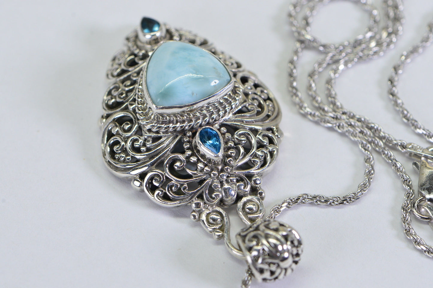 Filigree Larimar Pendant: Sterling Silver, Blue Topaz Necklace