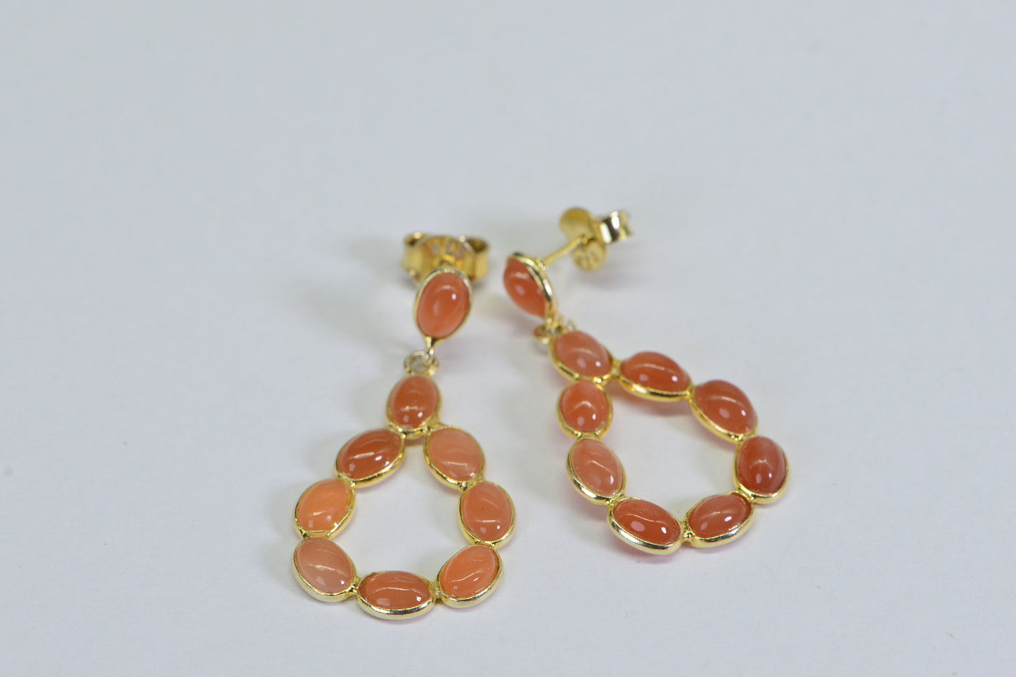 Peach Moonstone Dangle Earrings: 14K Gold Over Sterling Silver Teardrop Studs