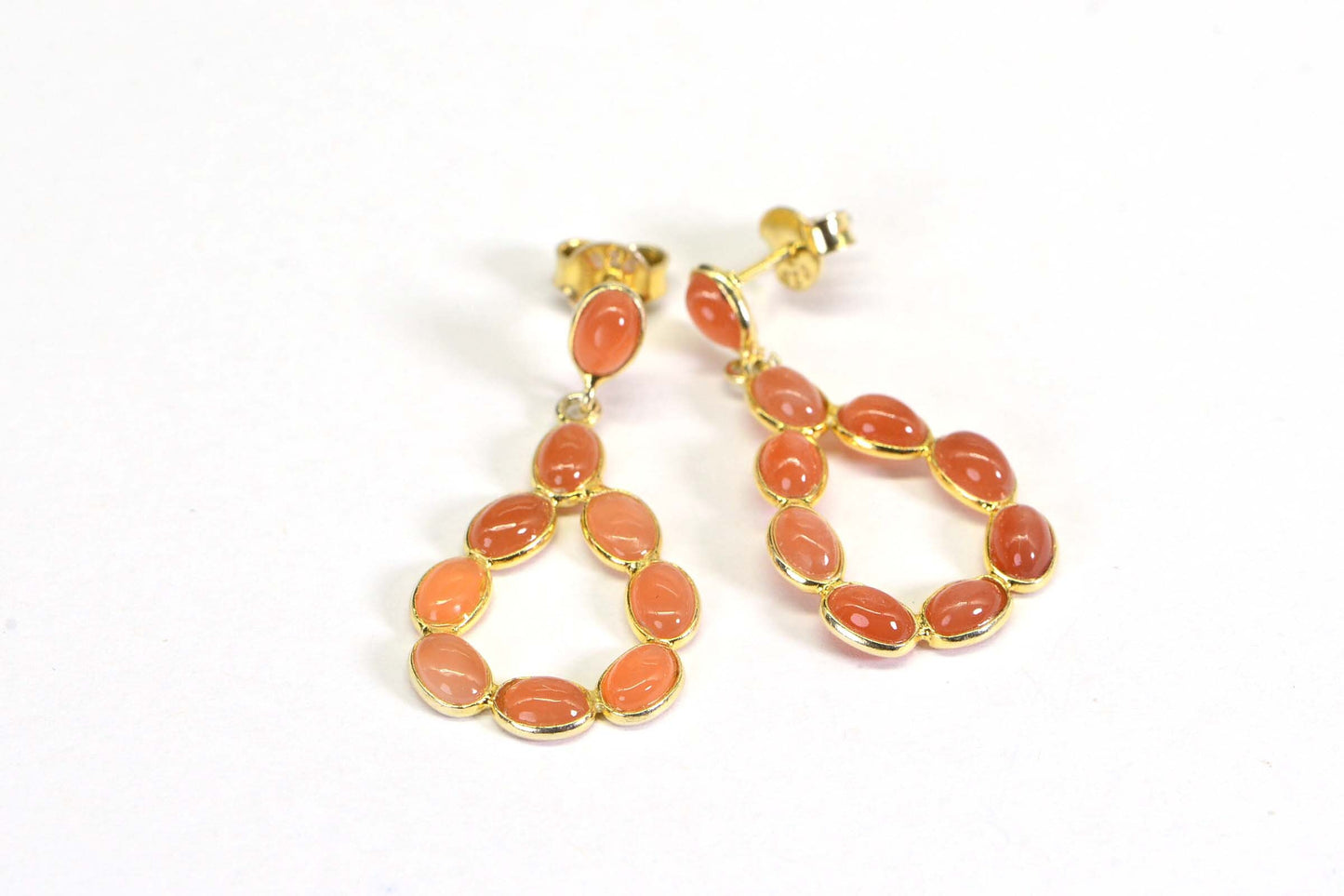 Peach Moonstone Dangle Earrings: 14K Gold Over Sterling Silver Teardrop Studs
