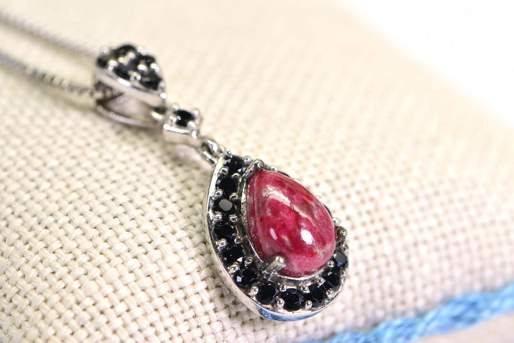 Thulite Teardrop Pendant Necklace: Black Tourmaline Halo, Sterling Silver