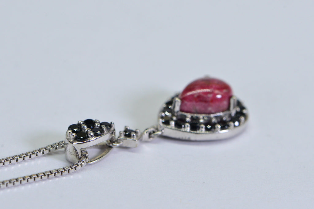 Thulite Teardrop Pendant Necklace: Black Tourmaline Halo, Sterling Silver