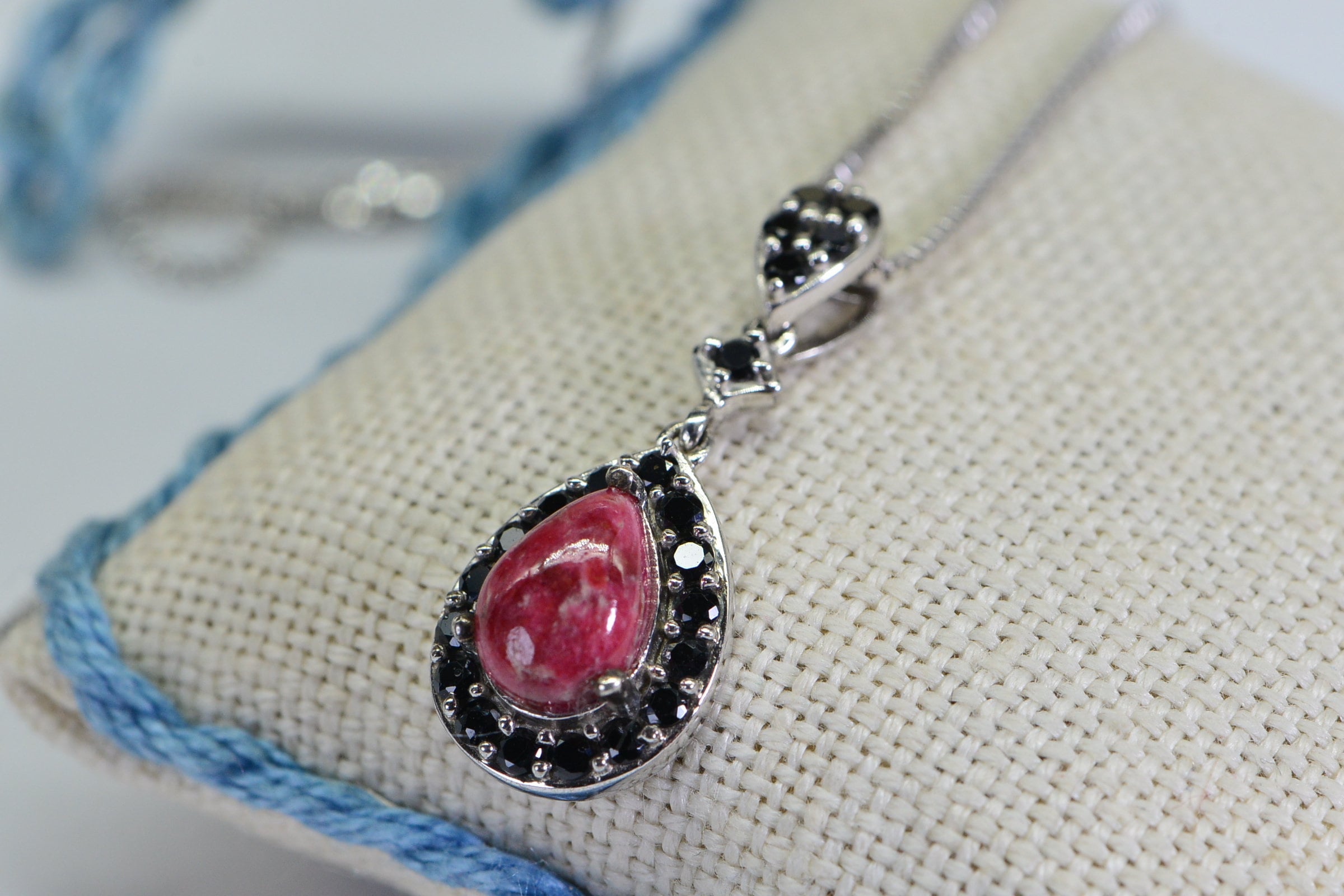 Thulite Teardrop Pendant Necklace: Black Tourmaline Halo, Sterling Silver