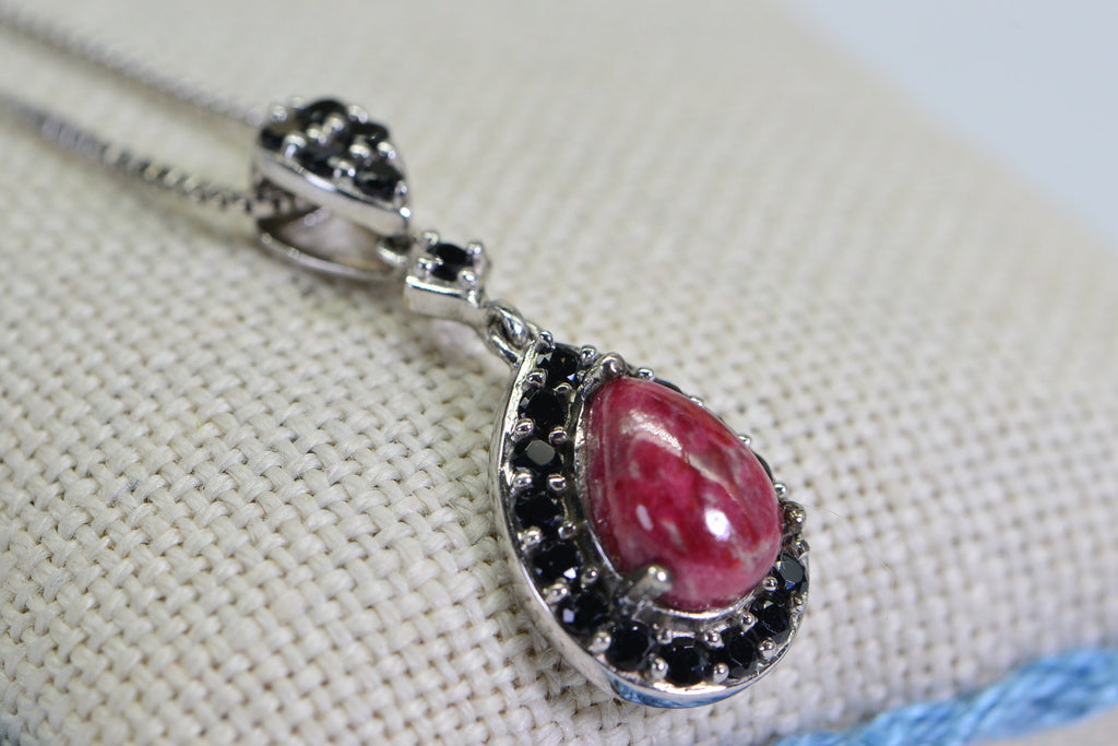 Thulite Teardrop Pendant Necklace: Black Tourmaline Halo, Sterling Silver