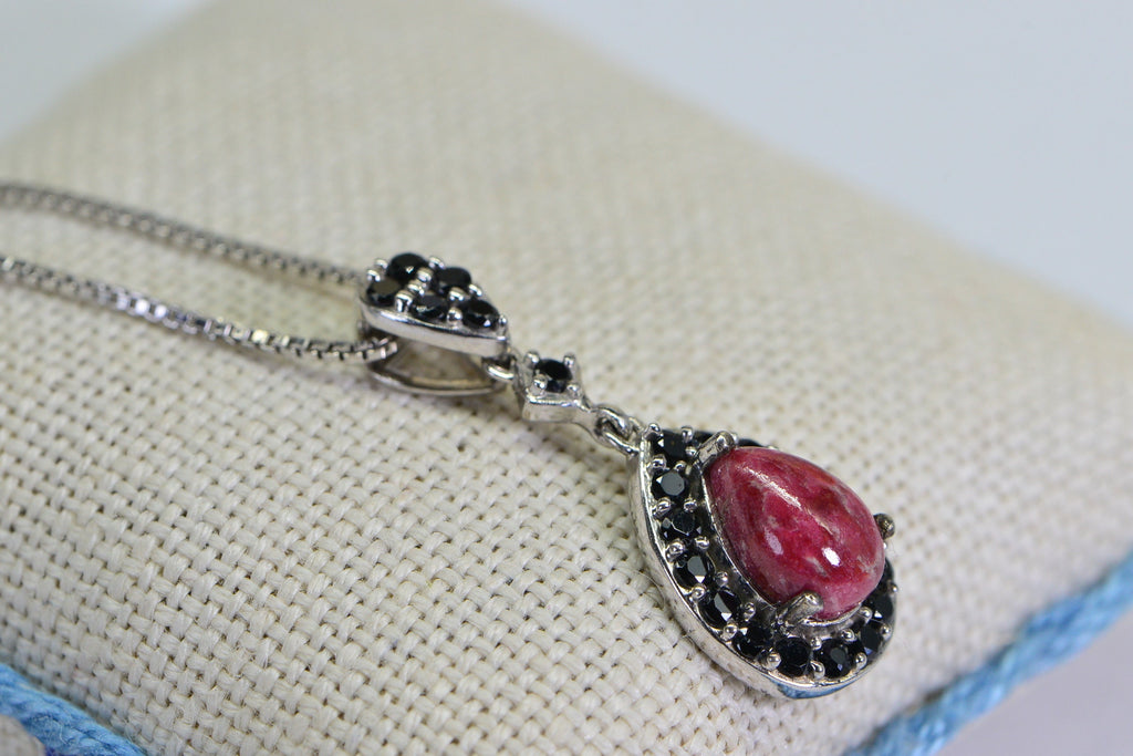 Thulite Teardrop Pendant Necklace: Black Tourmaline Halo, Sterling Silver