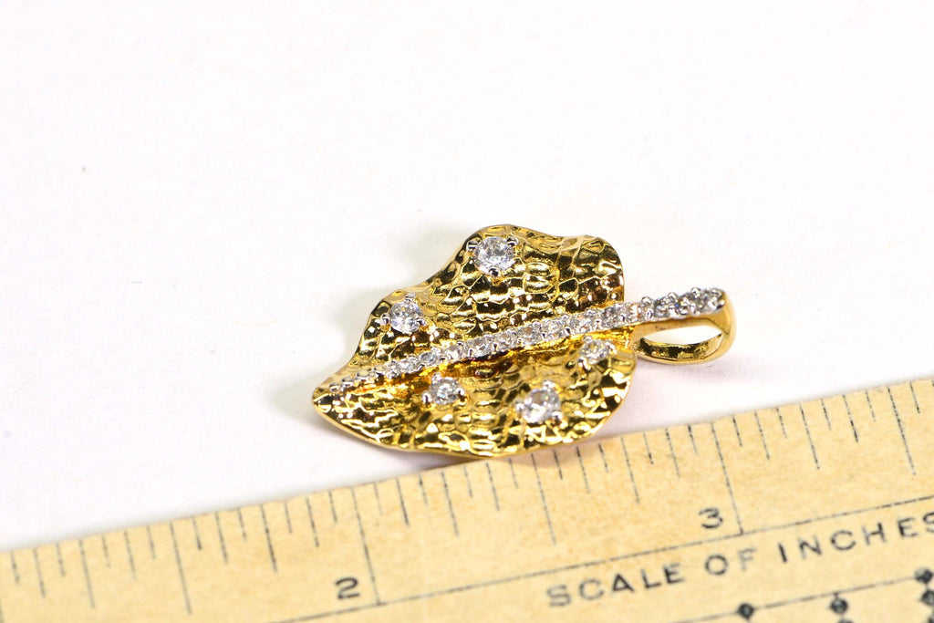 14K Gold Vermeil Diamond Leaf Pendant: Cubic Zirconia Vintage Pendant