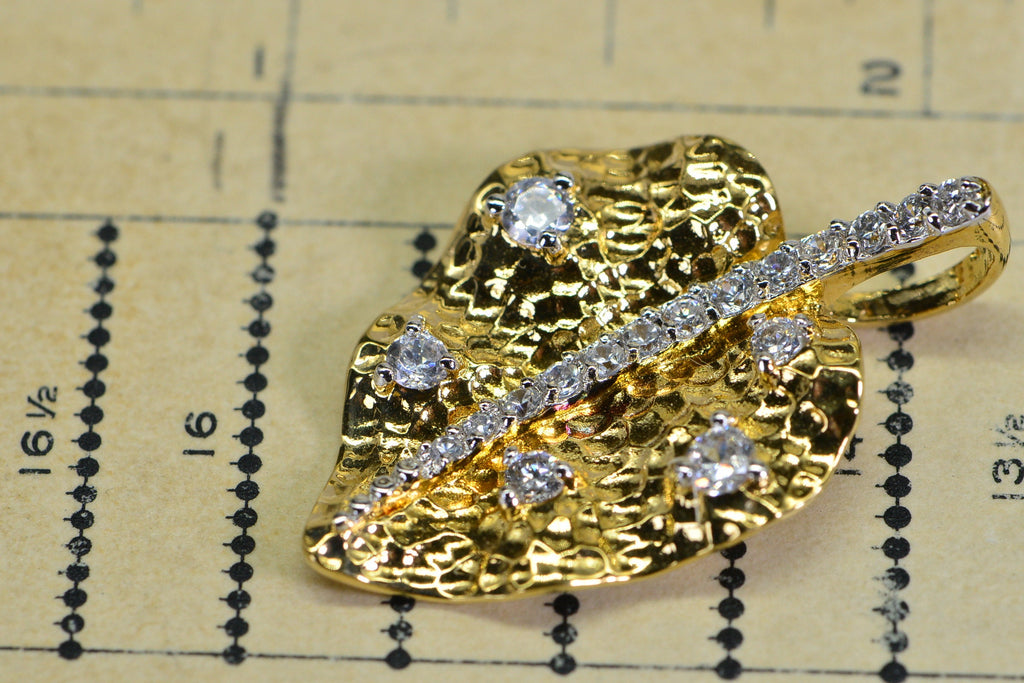 14K Gold Vermeil Diamond Leaf Pendant: Cubic Zirconia Vintage Pendant