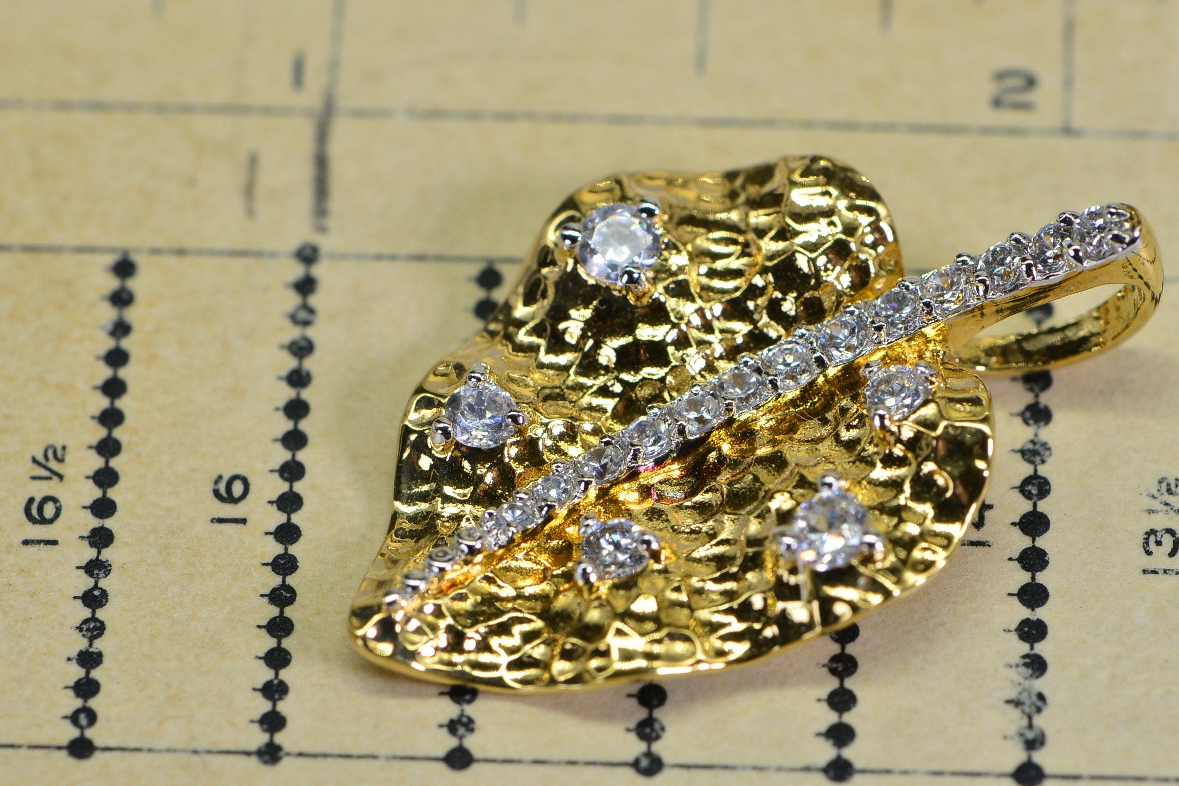 14K Gold Vermeil Diamond Leaf Pendant: Cubic Zirconia Vintage Pendant