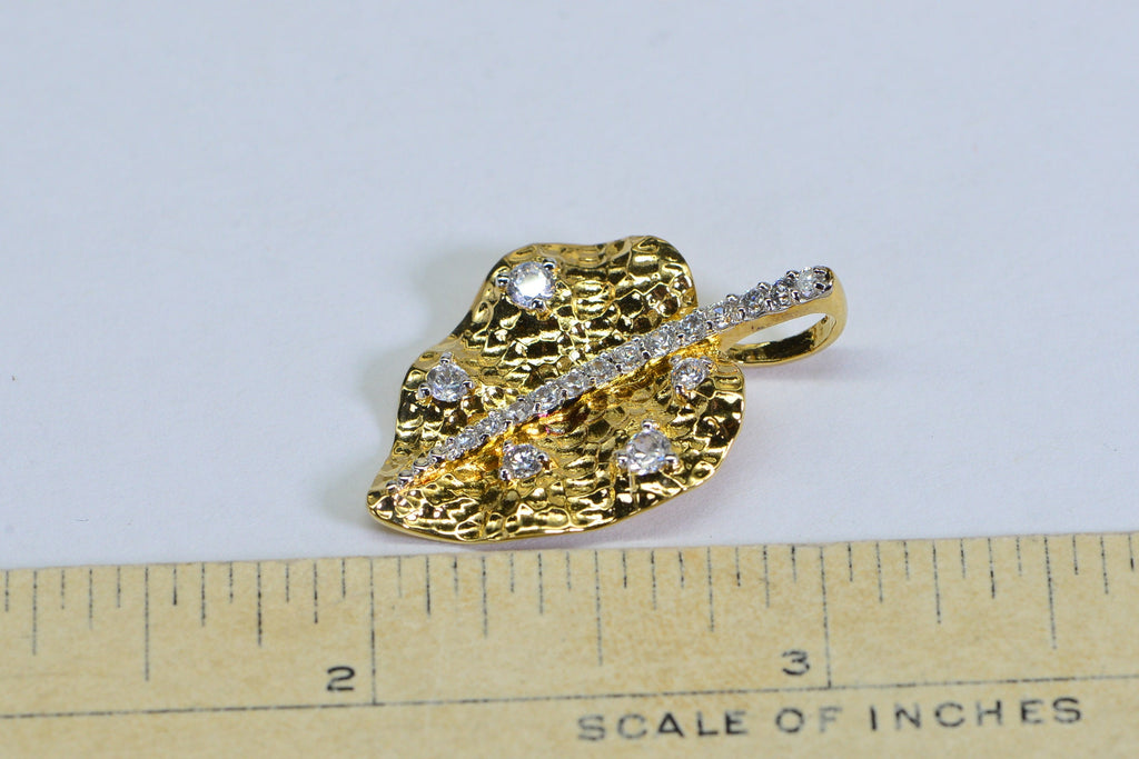 14K Gold Vermeil Diamond Leaf Pendant: Cubic Zirconia Vintage Pendant