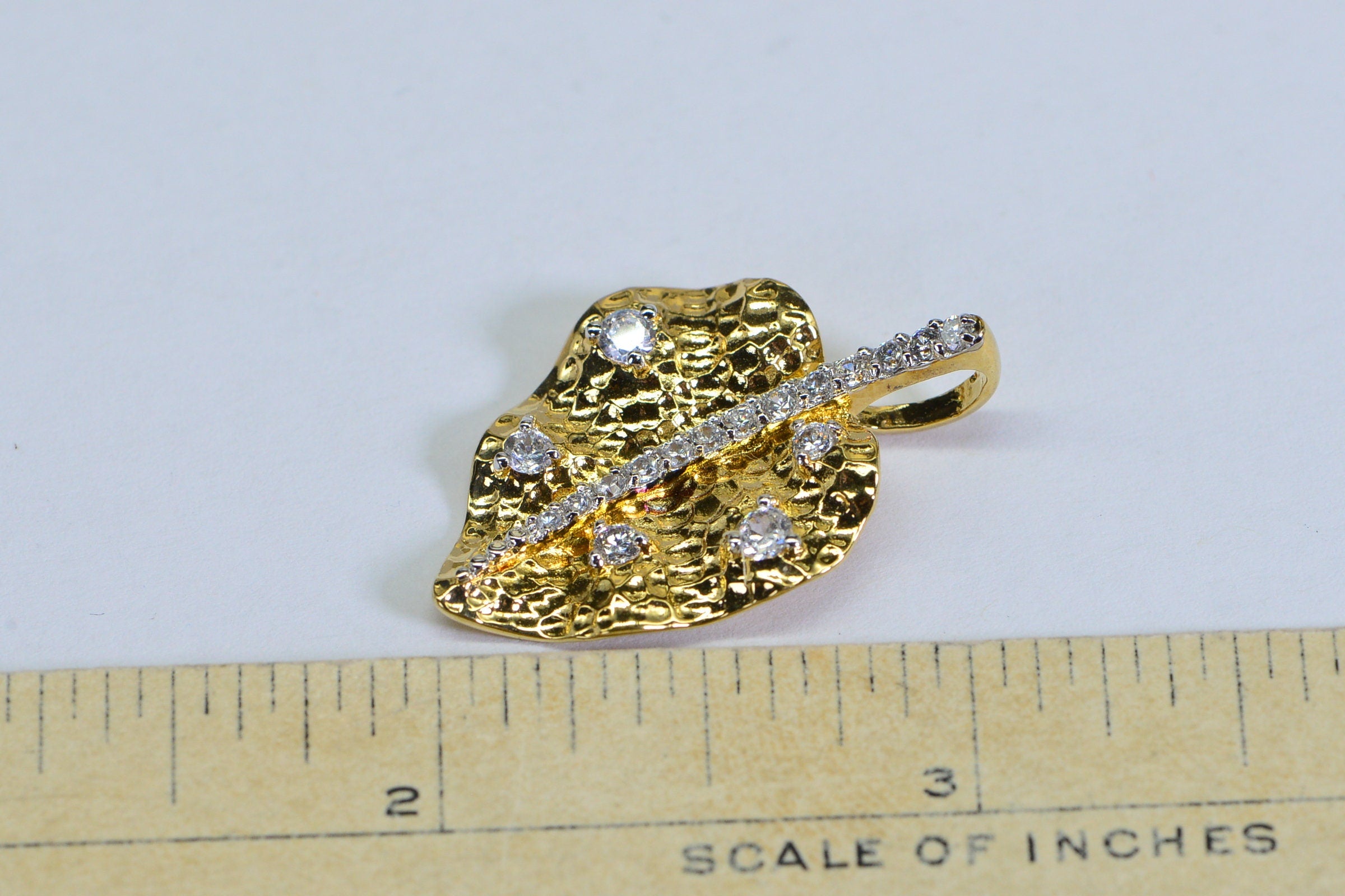 14K Gold Vermeil Diamond Leaf Pendant: Cubic Zirconia Vintage Pendant