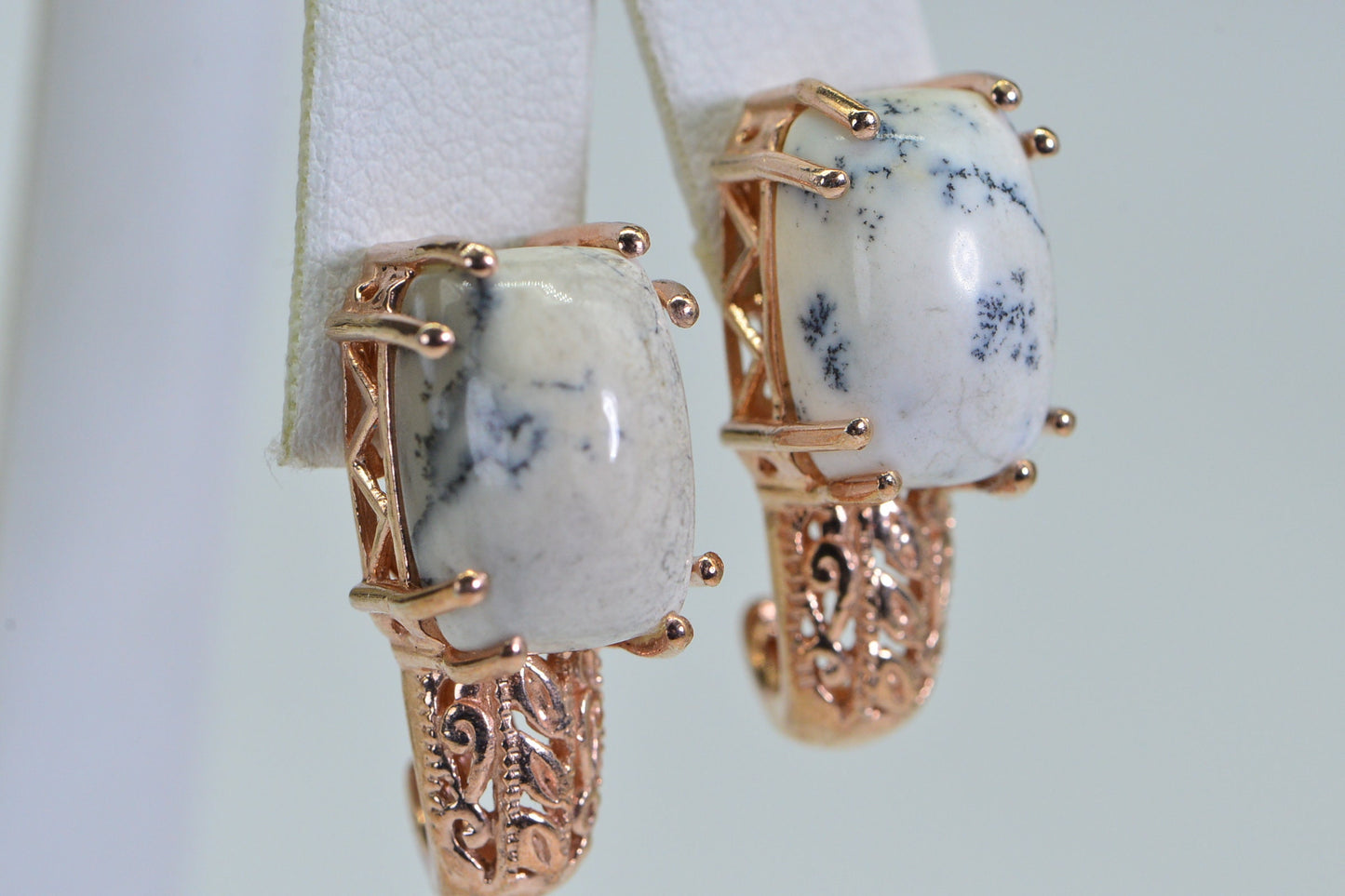 Rose Gold Dendritic Agate Earrings: Sterling Silver Filigree Studs