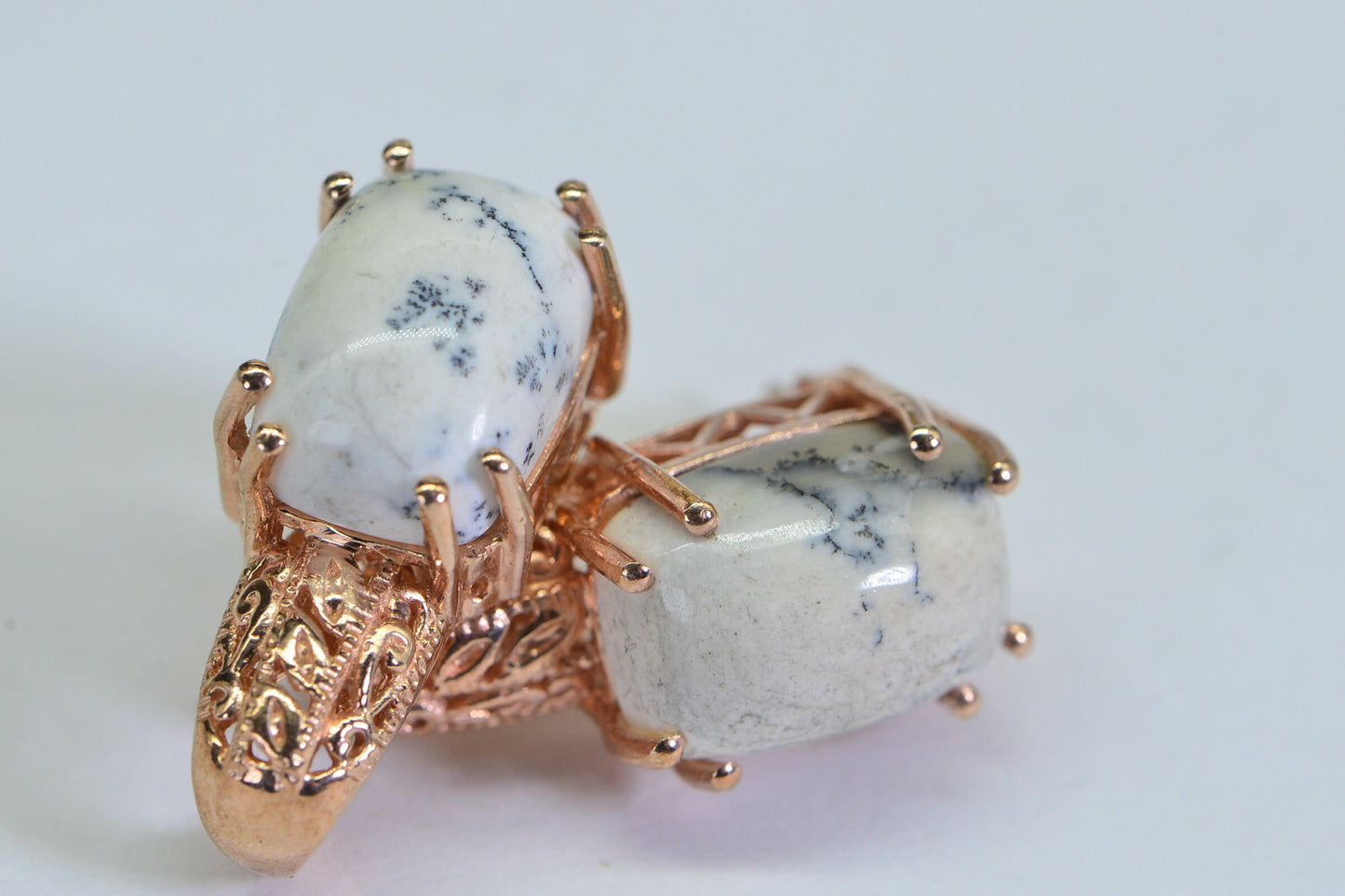 Rose Gold Dendritic Agate Earrings: Sterling Silver Filigree Studs