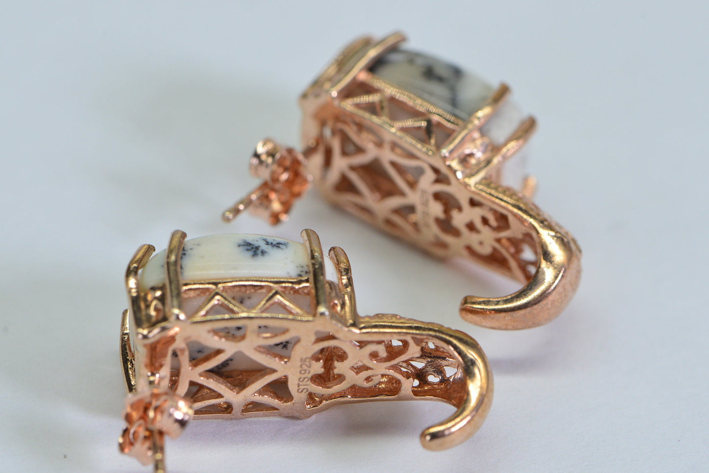 Rose Gold Dendritic Agate Earrings: Sterling Silver Filigree Studs