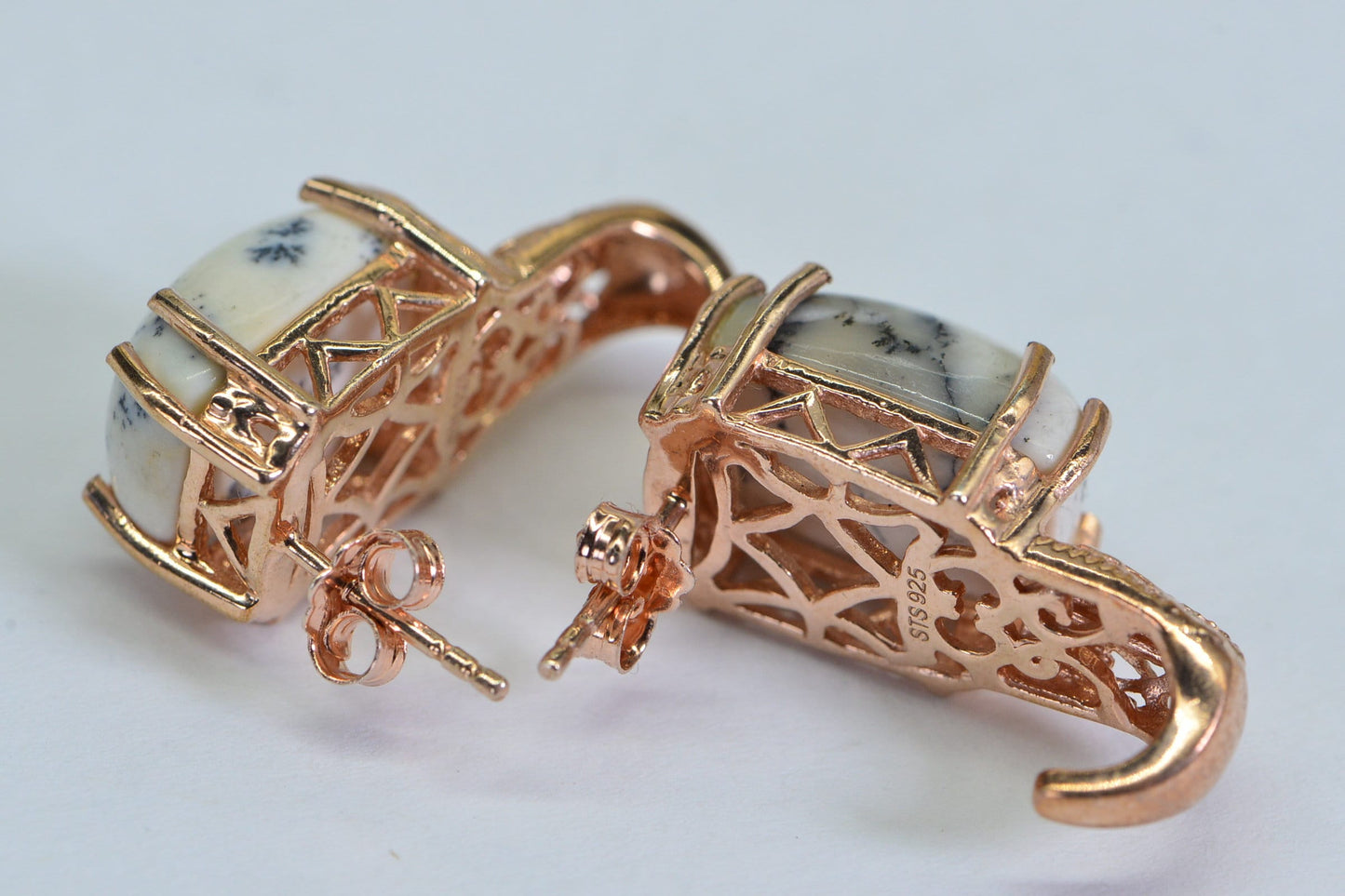 Rose Gold Dendritic Agate Earrings: Sterling Silver Filigree Studs