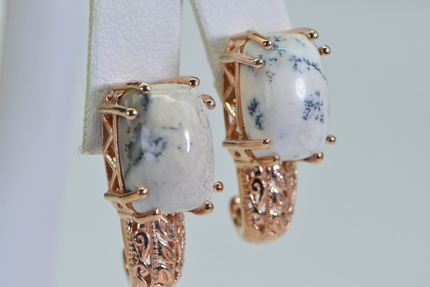 Rose Gold Dendritic Agate Earrings: Sterling Silver Filigree Studs
