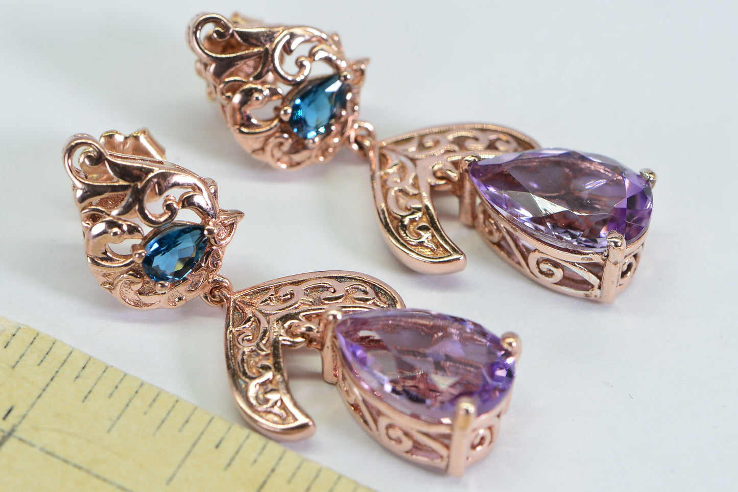 Rose de France Amethyst Chandelier Earrings, London Blue Topaz, Rose Gold over Sterling Silver