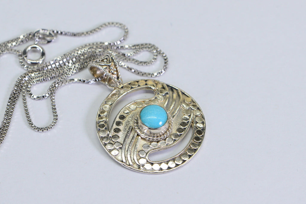 Vintage Sleeping Beauty Turquoise Evil Eye Sterling Silver Pendant Necklace
