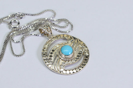 Vintage Sleeping Beauty Turquoise Evil Eye Sterling Silver Pendant Necklace